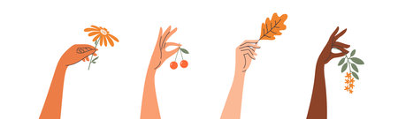 Set of diversity women hands holding different nature art. Various nationalities people with spring...