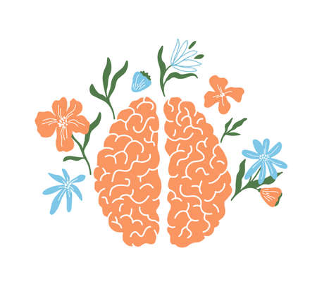 Blooming brain vector art. Wellness mind, mental health, positive think, wellbeing. Human brain in flowers. Self care, psychology, therapy. Psychologist help, growth. Anatomy abstract illustrationのイラスト素材