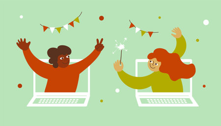 Birthday online party, Christmas celebration, new year, anniversary. Holiday video call by laptop. Friends virtual meeting. Diversity people celebrate event remote. Internet dating vector illustrationのイラスト素材