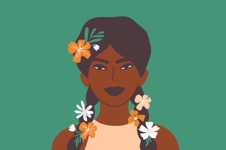 Young dark skin woman with flower braids. Stylish girl with long black hair decorated flowers. Pretty female. Natural beauty. Self care, love. International women day postcard. Art vector illustrationのイラスト素材