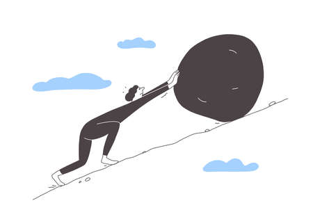 Cartoon character pushing big stone up hill. Duty concept, burden, struggle or effort. Man or woman in mountain pull heavy rock. Debt, hard work, hardship vector illustration. Person rolls huge stoneのイラスト素材