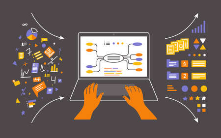 Data analysis, database visualization. Human hands on laptop keyboard. Person working sorting...