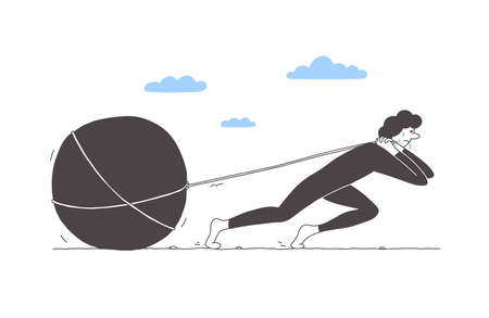 Cartoon character pulling big stone on rope. Unhappy man with sweat drops drags rock heavy boulder. Sad tired person. Duty, burden, struggle or effort. Debt, hard work, hardship vector illustrationのイラスト素材