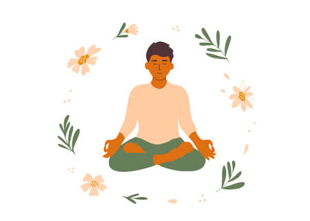 Young male meditating sitting lotus pose. Mindfulness meditation, practice, inner harmony, balance mind, body, soul. Man among flowers, plants. Self care, zen, relax. outdoor yoga vector illustrationのイラスト素材