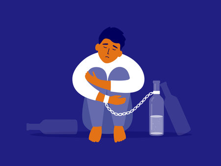 Male alcoholism concept. Upset drinker man chained to alcohol drink bottle sitting hugging knees. Sad drunk guy, exhausted alcoholic person. Social issue, alcohol abuse, addiction. vector illustrationのイラスト素材