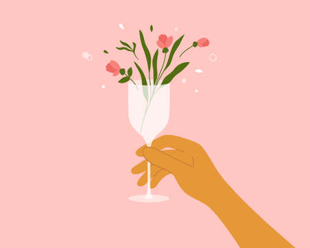 Human hand holding champagne or wine glass with blooming flower, leaves. Rose or pion in drink. Hello spring abstract illustration. Cocktail, fresh beverage, juice, summer party, vector floral posterのイラスト素材