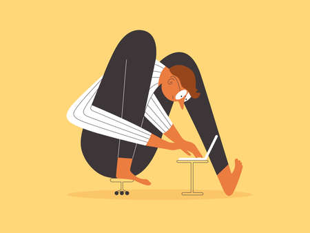Man working chatting online sitting in strange position. Programmer developer coding using laptop. Male character with huge legs works at home office. Freelancer browsing internet vector illustrationのイラスト素材