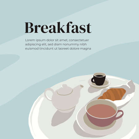 French style breakfast vector illustration. Drink cup of coffee and eat croissant. Espresso, teapot herbal or floral tea on table. Morning food in street cafe. Text banner, art poster, design templateのイラスト素材