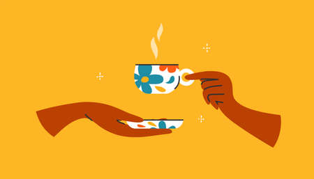 Man or woman hands holding floral ceramic cup hot drink. Tea time, morning beverage, coffee break. Flower pattern mug, cup and saucer. elegant breakfast. Isolated vector illustration yellow backgroundのイラスト素材
