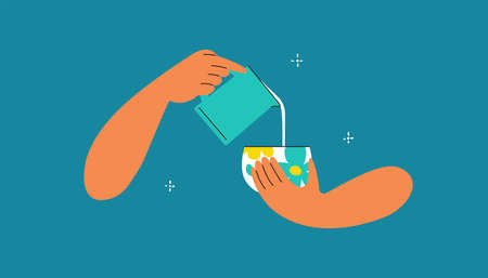Barista hands making coffee latte art. Isolated human hand pouring milk from pitcher to floral ceramic cup. Preparing cappuccino vector illustration. Coffeehouse drink icon, white beverage, coffee mugのイラスト素材