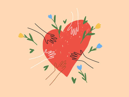 Diversity human hands holding heart with flower. People sharing love. Helping hand, support, social care. Volunteer, donation, charity foundation. Unite, peace, friendship abstract vector illustrationのイラスト素材
