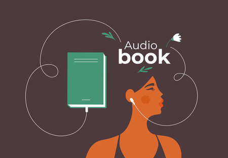 Audio book vector illustration. Young beautiful woman listening audiobook. Female character listening to books by earphones. Online library, book shop service, smart girl, podcast concept, ad bannerのイラスト素材