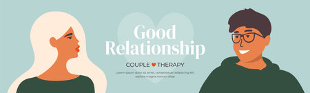 Family psychotherapy concept. Couple therapy vector illustration. Horizontal banner with man and woman looking at each other. Good relationship of happy partners. wife and husband in love. ad posterのイラスト素材