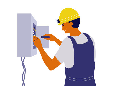 Electrician man screwing wire in switch board by screwdriver. Engineer worker repairing electric meter electrical wiring. Repair home service, maintenance job. Electricity isolated vector illustrationのイラスト素材