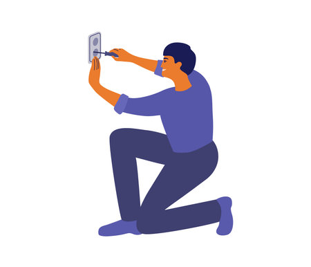 Electrician man screwing wire electrical outlet standing on one knee. Repairman working using screwdriver repairing wiring. Engineer worker isolated vector illustration. Work tool, repair home serviceのイラスト素材