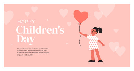 Happy Children's day design template. Smiling girl holding heart shaped balloon. Joyful child playing favorite toy. Web banner, greeting card, childhood poster. Kid leisure activity vector illustrationのイラスト素材