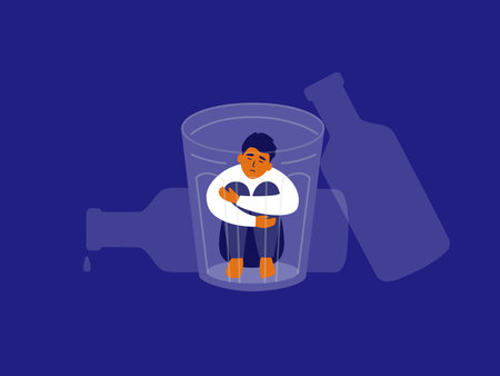 Alcoholism concept. Unhappy man sitting into drink glass hugging knees. Sad drunk male person, exhausted alcoholic guy. Social issue, alcohol abuse, addiction, depression. Booze vector Illustrationのイラスト素材