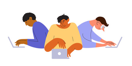 Group of men work, coding or play game together on laptop. Development team, people launch startup,...