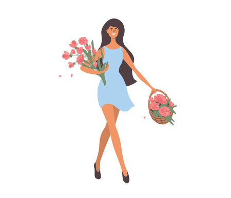 Happy woman walking holding flower bouquet. Beauty female carrying basket full pink flowers. Holiday, spring day, bloom time. Girl enjoy life. Self care, confidence, love yourself vector illustrationのイラスト素材