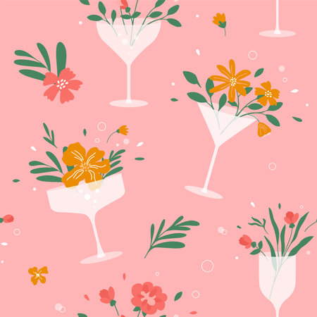 Cocktail party seamless pattern. Flowers in champagne, wine, martini drinking glass. Floral drink, fresh summer juice, spring beverage. Cheer vector illustration. Abstract background, textile designのイラスト素材
