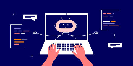 User hands using laptop chatting with robot. Ai chat bot generating answers to human request....