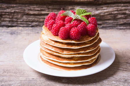 pancakes  with raspberries - healthy breakfastの写真素材
