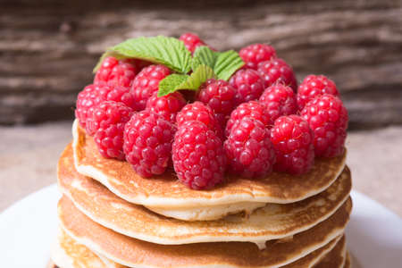 pancakes  with raspberries - healthy breakfastの写真素材
