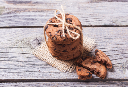 Homemade chocolate cookies on wooden table background .の写真素材