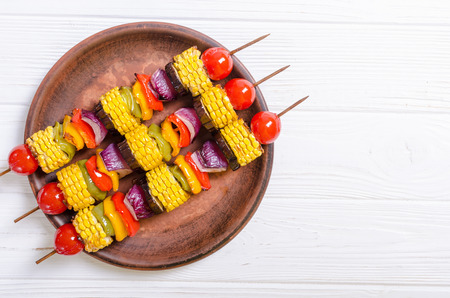 Barbecue with vegetable skewers . Healthy food backgroundの写真素材