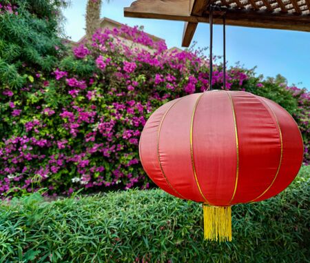 Chinese red lamp or lantern hanging on the wood terrace of the restaurant or cafÃ©. New year decoration in China. Lantern festival celebration backdropの写真素材