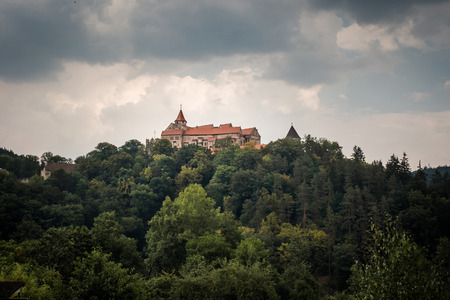 Pernstein Castle, gothic and renaissance castle in the Czech Republic before the thunderstormの写真素材