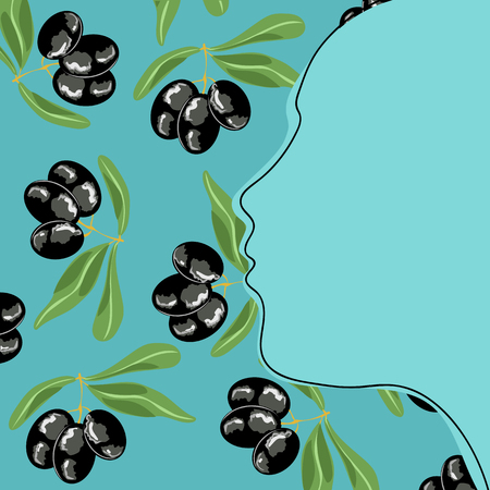 female profile on the background with olivesのイラスト素材