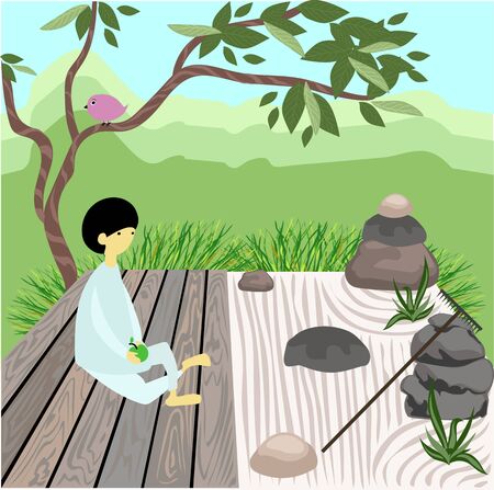 people in the Japanese garden of stonesのイラスト素材
