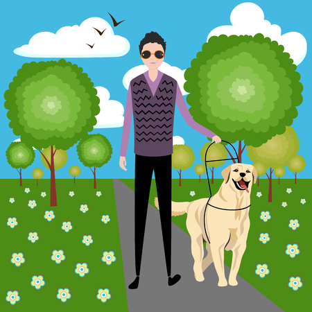 the dog guide and the blind man on a walkのイラスト素材