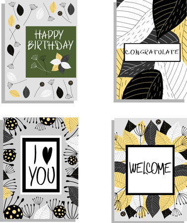 greeting cards. black and white leaves. setのイラスト素材