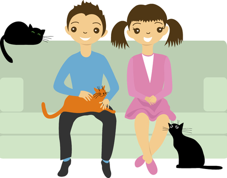 children sit on the sofa with the catsのイラスト素材