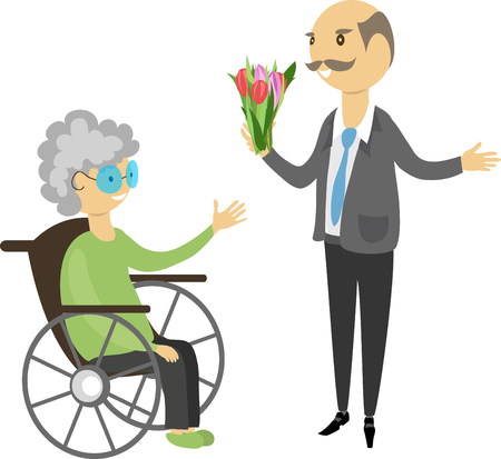 grandpa gives flowers to grandmotherのイラスト素材
