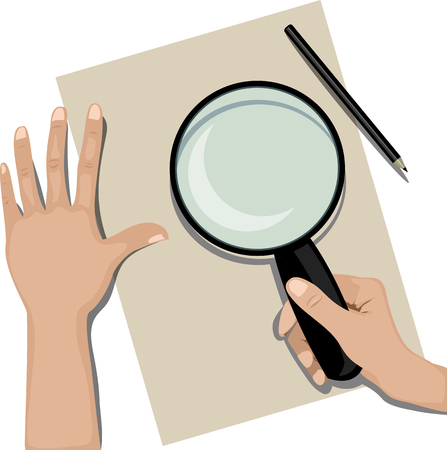 hands on the Desk holding a magnifying glassのイラスト素材