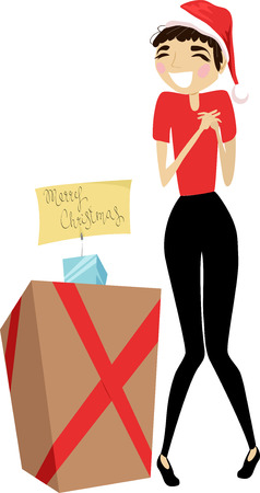 The girl is happy with the Christmas present, vector illustration.のイラスト素材
