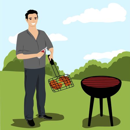 Man is cooking a barbecue grill. Fry meat and sausages on fire. Vector illustration in flat styleのイラスト素材