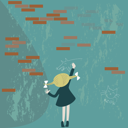 A girl draws on the wall on unique background.のイラスト素材