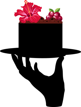 A hand holds a plate with chocolate cakeのイラスト素材