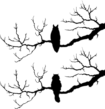 the cat in the tree. owl on the tree. silhouetteのイラスト素材