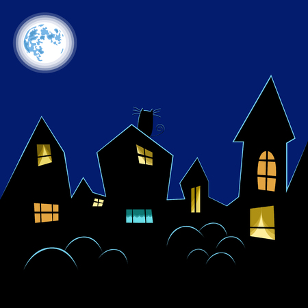 the city at night and the catのイラスト素材