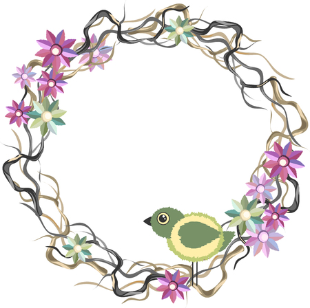 A wreath of branches with the bird illustration on white background.のイラスト素材