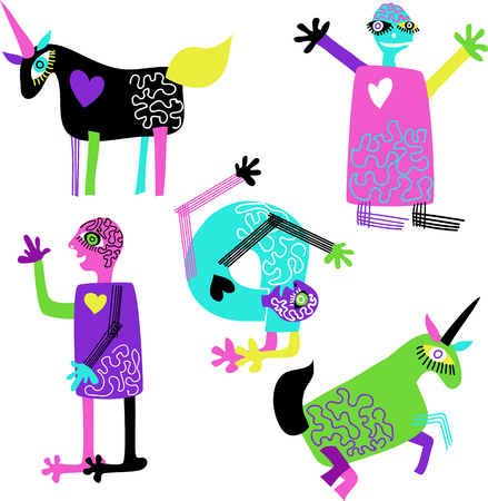 Abstract people and unicornsのイラスト素材