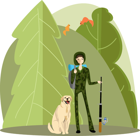 Fisherman and dog. vector illustrationのイラスト素材
