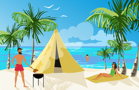 camping on the beach. family on the beach frying meatのイラスト素材