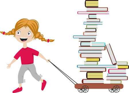 girl lucky on the cart a bunch of booksのイラスト素材