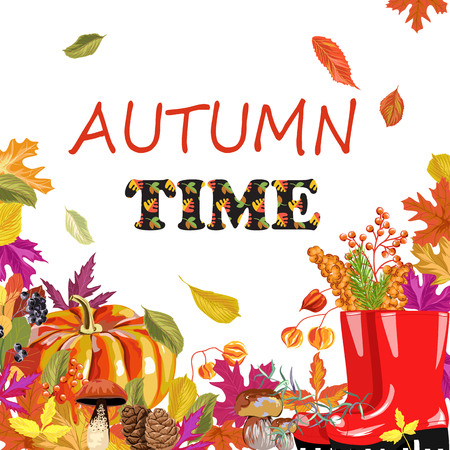 autumn illustration with pumpkin. rubber boots and autumn leaves. mushrooms and berriesのイラスト素材
